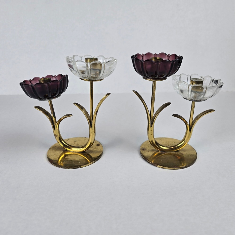 MCM Swedish Gunnar Ander Ystad Metall Brass Art Glass Flower Candle Holders Pair - Picture 2 of 9